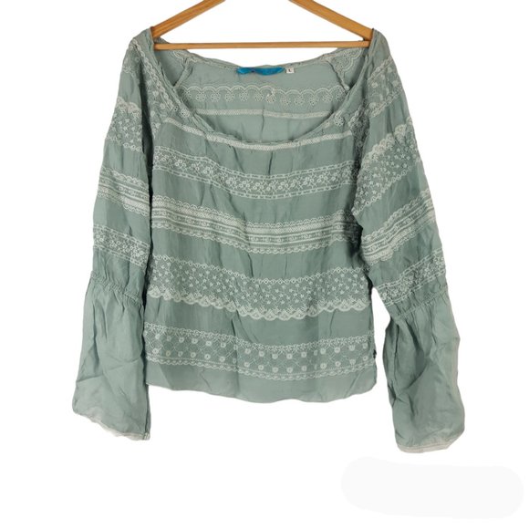 Johnny Was Sage Embroidered Bell Sleeve Blouse Teal Long Sleeve Top Size… - Picture 2 of 7